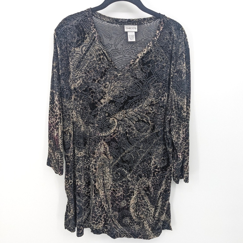 Chico's Blouse Womens XL Black Tan Burnout Velvet Paisley Long‎ Sleeve Tunic Top